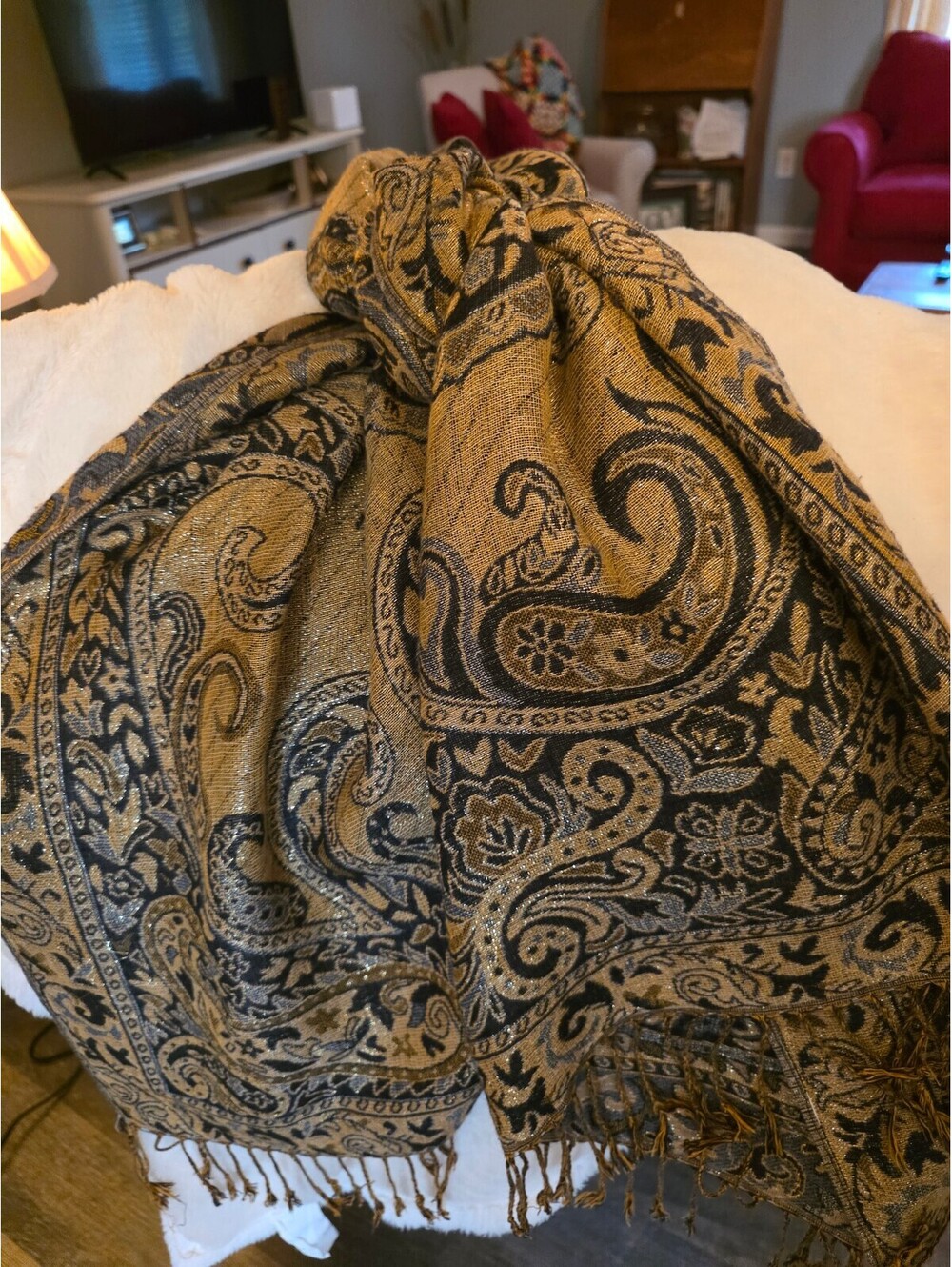 Elegant Gold and Black Paisley Patterned Shawl or scarf with Fringe Edges - Picture 5 of 6